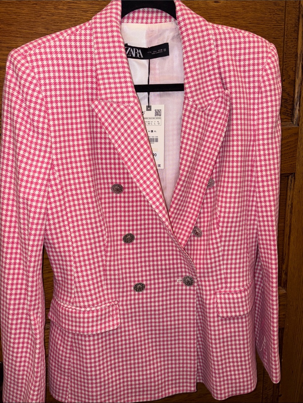 Zara Pink and White Houndstooth Double-Breasted Blazer